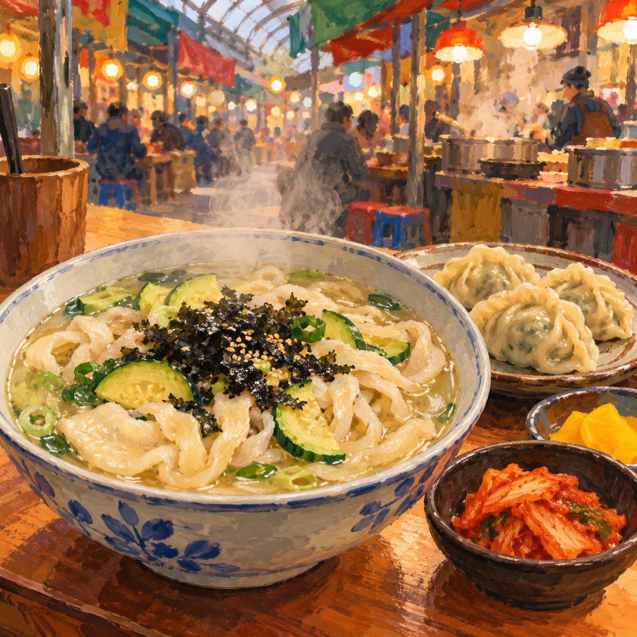 首尔广藏市场故乡刀削面，用手工刀削面和饺子填满的一餐