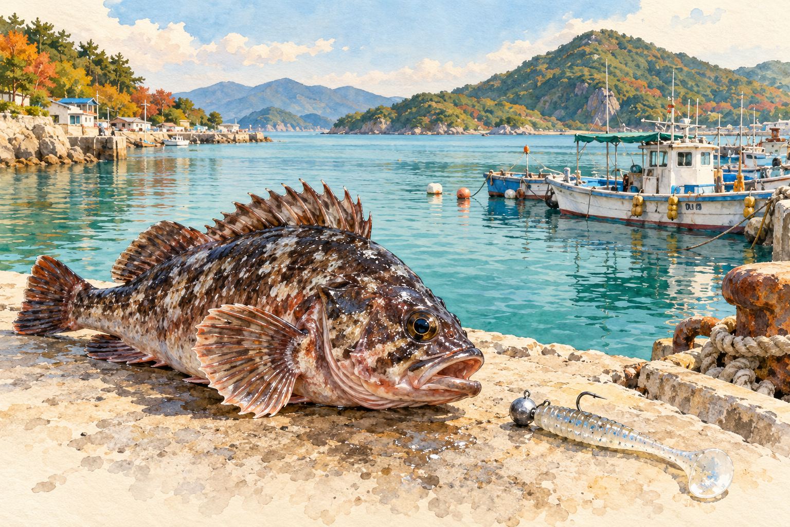 马山Simri别墅前，用软虫钓到的两条石斑鱼