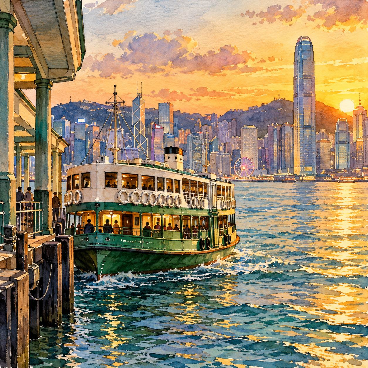 Hong Kong Star Ferry & Tsim Sha Tsui Harbor Night View